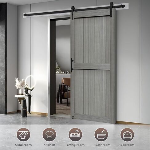 S&Z TOPHAND® 30in x 84in MDF Elephant Gray Barn Door with 5FT Sliding Door Hardware Kit, Solid Barn Door Slab Covered with Water-Proof PVC Surface, Simple Assembly is Required in Kuwait