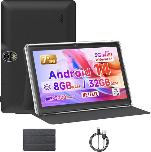 DIGITHINK Tablet 7Inch Android 14.0 with Protective Case, 8GB(3+5GB Expand) RAM+ 32GB ROM, IPS Screen, Dual Camera, Bluetooth 5.0 WiFi Tab (Black) in Kuwait