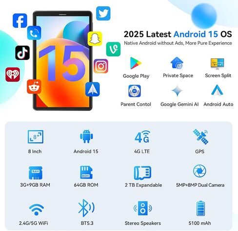 Topsand 8 Inch Tablet Android 15 Tablet with Sim Card Slot Uncloked Cellular Phone with 4G LTE Octa Core 12GB RAM 64GB ROM 2TB TF Expandable Tableta with Case in Kuwait