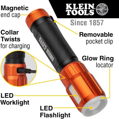 Klein Tools 56412 Rechargeable LED Flashlight with Flood Light, 500 lumens, USB-C Rechargeable, Pocket Clip, Magnet, for Professional Work in Kuwait
