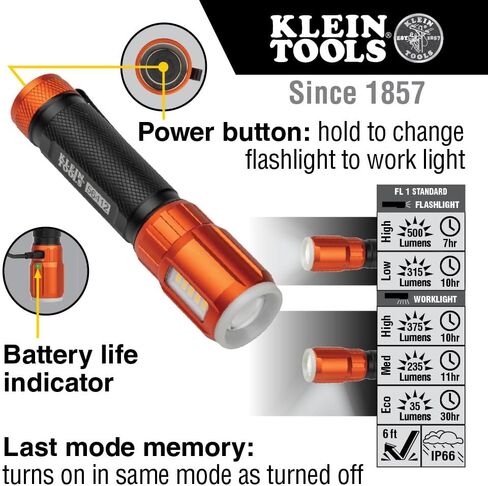 Klein Tools 56412 Rechargeable LED Flashlight with Flood Light, 500 lumens, USB-C Rechargeable, Pocket Clip, Magnet, for Professional Work in Kuwait