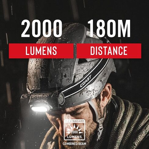 Coast WPH34R 2000 Lumen Waterproof Ultra Bright IP68 USB Rechargeable-Dual Power Headlamp, 6 Modes with Spot and Flood Beams, Black/Grey in Kuwait