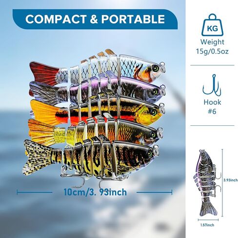 Keenjorika 5-Pack Fishing Lures Multi Jointed Fish Fishing Kits, Slow-Sinking Lifelike Segmented Swimbait Crankbaits, Realistic Swimming Action for Bass, Trout, Pike & Walleye – Freshwater & Saltwater in Kuwait