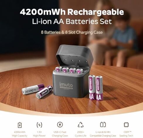 imuto 4200mWh Rechargeable AA Lithium Batteries 24-Pack with 8-Slot Charging Case,1.5V High Power, 2500 Cycles, CBPI Sealing Tech, High-Capacity Li-ion Cells for Game Controllers, Smart Locks, Cameras in Kuwait