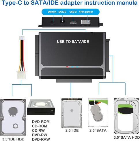 USB A&C to SATA/IDE Adapter for SSD HDD Hard Drive Reader with Power Supply in Kuwait