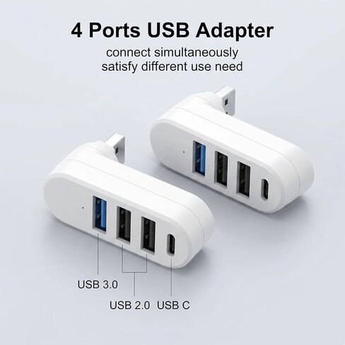 2 Pack 4-in-1 USB 3.0 Hub for Car with Rotation Multi-Port Adapter with 3 USB-Ports and 1 USB-C Port USB-Extender Compatible with Laptop/Table/Cellphone/Keyboard/Printer in Kuwait