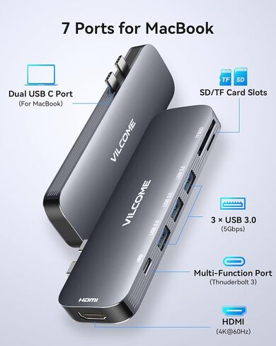 Vilcome USB C Adapter for MacBook Pro/Air M1 M2 M3 2023 2022 2021 2020 2019, 7-in-2 USB-C Hub MacBook Pro Accessories with Thunderbolt 3 PD Port, 4K@60Hz HDMI, 3 USB 3.0 Ports, TF/SD Card Reader in Kuwait