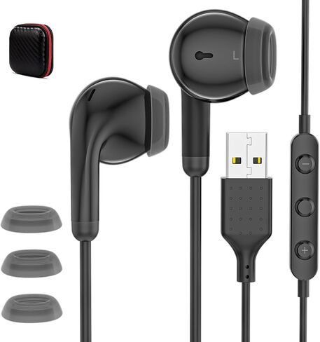 USB Earbuds with Microphone PC In-Ear USB A Wired Computer Headphones Black in Kuwait