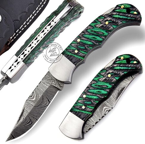 Green & Black Grooved 6.75'' Handmade Damascus Steel Folding Pocket Knife with Back Lock for EDC, Camping,100% Prime Quality, KKH-64 in Kuwait