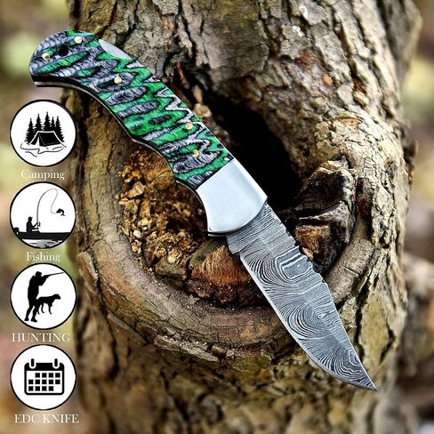 Green & Black Grooved 6.75'' Handmade Damascus Steel Folding Pocket Knife with Back Lock for EDC, Camping,100% Prime Quality, KKH-64 in Kuwait
