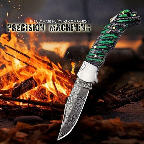 Green & Black Grooved 6.75'' Handmade Damascus Steel Folding Pocket Knife with Back Lock for EDC, Camping,100% Prime Quality, KKH-64 in Kuwait