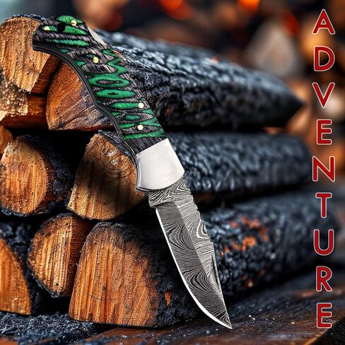 Green & Black Grooved 6.75'' Handmade Damascus Steel Folding Pocket Knife with Back Lock for EDC, Camping,100% Prime Quality, KKH-64 in Kuwait