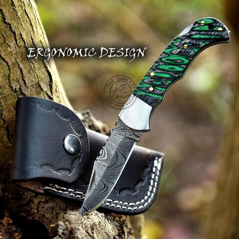 Green & Black Grooved 6.75'' Handmade Damascus Steel Folding Pocket Knife with Back Lock for EDC, Camping,100% Prime Quality, KKH-64 in Kuwait