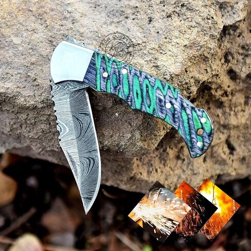 Green & Black Grooved 6.75'' Handmade Damascus Steel Folding Pocket Knife with Back Lock for EDC, Camping,100% Prime Quality, KKH-64 in Kuwait