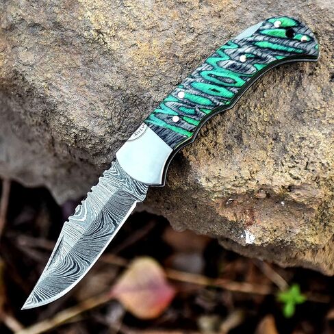 Green & Black Grooved 6.75'' Handmade Damascus Steel Folding Pocket Knife with Back Lock for EDC, Camping,100% Prime Quality, KKH-64 in Kuwait