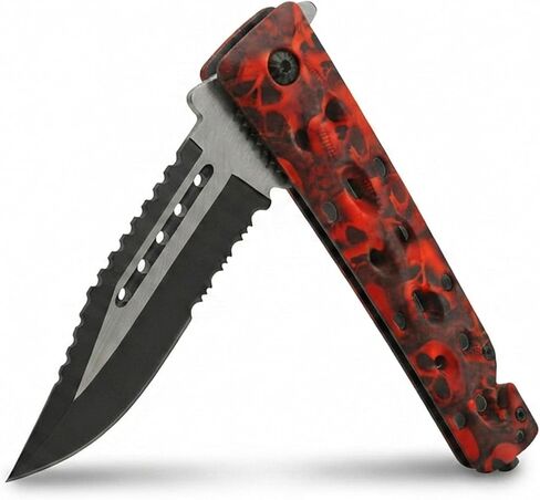 SZCO Supplies Assisted Opening Skull Knife - 8.5" Red & Black Tactical Folding Knife with Stainless Steel Blade, Seat Belt Cutter, Glass Breaker, and Pocket Clip - Skull Design EDC Knife in Kuwait