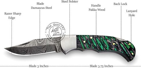 Green & Black Grooved 6.75'' Handmade Damascus Steel Folding Pocket Knife with Back Lock for EDC, Camping,100% Prime Quality, KKH-64 in Kuwait
