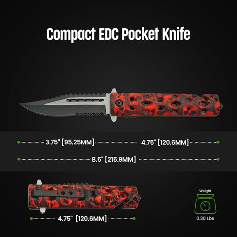 SZCO Supplies Assisted Opening Skull Knife - 8.5" Red & Black Tactical Folding Knife with Stainless Steel Blade, Seat Belt Cutter, Glass Breaker, and Pocket Clip - Skull Design EDC Knife in Kuwait