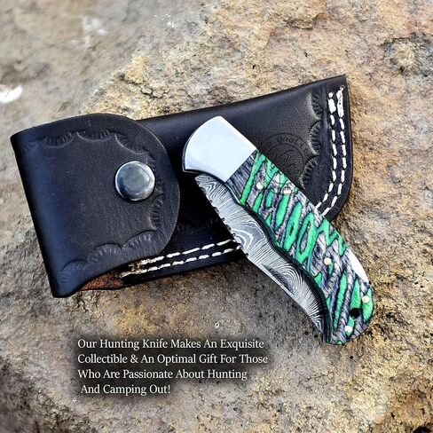 Green & Black Grooved 6.75'' Handmade Damascus Steel Folding Pocket Knife with Back Lock for EDC, Camping,100% Prime Quality, KKH-64 in Kuwait