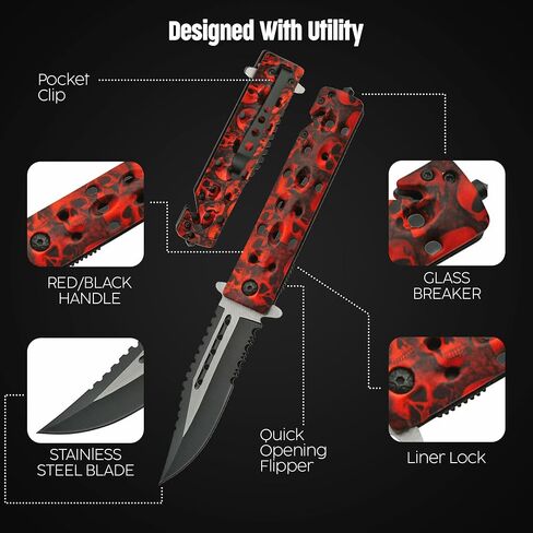 SZCO Supplies Assisted Opening Skull Knife - 8.5" Red & Black Tactical Folding Knife with Stainless Steel Blade, Seat Belt Cutter, Glass Breaker, and Pocket Clip - Skull Design EDC Knife in Kuwait