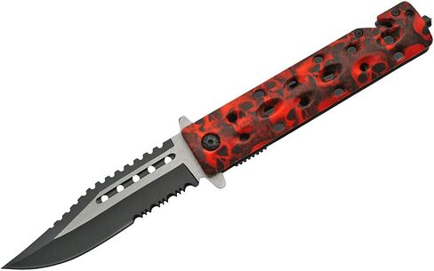 SZCO Supplies Assisted Opening Skull Knife - 8.5" Red & Black Tactical Folding Knife with Stainless Steel Blade, Seat Belt Cutter, Glass Breaker, and Pocket Clip - Skull Design EDC Knife in Kuwait