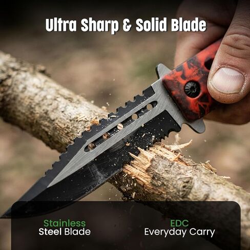 SZCO Supplies Assisted Opening Skull Knife - 8.5" Red & Black Tactical Folding Knife with Stainless Steel Blade, Seat Belt Cutter, Glass Breaker, and Pocket Clip - Skull Design EDC Knife in Kuwait