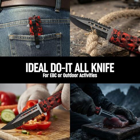 SZCO Supplies Assisted Opening Skull Knife - 8.5" Red & Black Tactical Folding Knife with Stainless Steel Blade, Seat Belt Cutter, Glass Breaker, and Pocket Clip - Skull Design EDC Knife in Kuwait