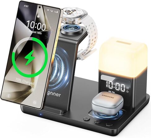 6 in 1 Wireless Charging Station for Samsung Android with Clock & Night Light,Wireless Charger Beside Clock for Galaxy S26 Ultra S25 S24,Galaxy Watch 8/7 Buds 4/3 Pro,Not for Watch 9/Ultra 2 in Kuwait