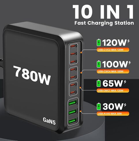 780W USB C Charger Block Fast 10-Port USB C Charging Station GaN PD 120W Laptop Charger Adapter for MacBook Pro/Air, DELL, iPad, iPhone, Samsung Galaxy Black in Kuwait