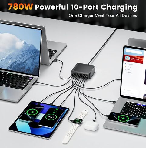 780W USB C Charger Block Fast 10-Port USB C Charging Station GaN PD 120W Laptop Charger Adapter for MacBook Pro/Air, DELL, iPad, iPhone, Samsung Galaxy Black in Kuwait