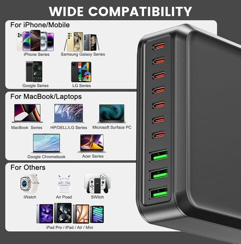 780W USB C Charger Block Fast 10-Port USB C Charging Station GaN PD 120W Laptop Charger Adapter for MacBook Pro/Air, DELL, iPad, iPhone, Samsung Galaxy Black in Kuwait