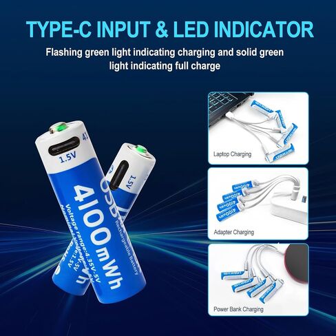 4100mWh AA and 1100mWh AAA Lithium Batteries Rechargeable Combo 8 Pack, 1.5V USB C Double A Triple A Batteries, Long Lasting 1200 Cycles, High Capacity Battery for Smart Door Lock (4AA & 4AAA) in Kuwait