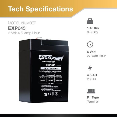 ExpertPower EXP645-6V 4.5Ah / 20HR SLA Rechargeable 6V Battery for Ride on Toys, Emergency Light, Exit Sign Battery Replacement, Sealed Lead Acid 6 Volt Batteries with F1 Terminals in Kuwait