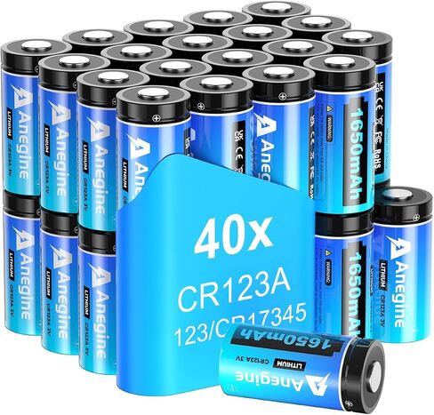 anegine CR123A 3V Lithium Battery 1650mAh, 123A Lithium Batteries 10 Years Shelf Life CR123 3 Volt High Power CR17345 CR17335 Non-Rechargeable | Ultra-Compatible (40 Pack) in Kuwait