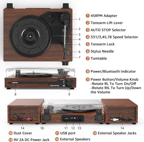 Vinyl Record Player with External Speakers, Bluetooth Turntable, Coffee in Kuwait