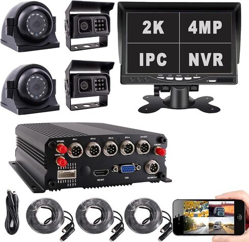 4 Channel 1080P AHD Mobile Vehicle Car DVR Black Box Video Recorder Kit with 4pcs Waterproof Side Rear View Backup Night Vision IR Car Camera 7" HD Car Monitor in Kuwait