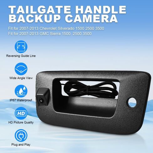 Rear Tailgate Handle Backup Camera Compatible with 2007-2013 Chevy Silverado/GMC Sierra 1500 2500HD 3500HD Tailgate Reversing View Park Assist Camera Replaces 22755304 180°Wide Angle in Kuwait