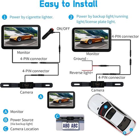Wired Backup Camera System, 1080P HD 7-Inch Monitor with Suction Cup, Easy Install License Plate Reverse Camera with Night Vision, Plug & Play via Cigarette Lighter for Car, SUV, Pickup in Kuwait