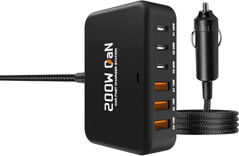 200W USB C Car Charger, 6 Port Multi Fast Charging Car Charger with PD 100W 3.0 PPS, Laptop Car Charger Compatible with MacBook, Galaxy S26/S25, Dell, HP& Other Electronics - Simultaneous Charging in Kuwait