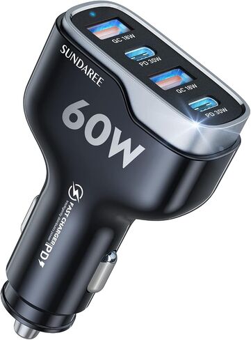 Car Phone Charger, SUNDAREE 60W 4 Ports USB c Car Charger Fast Charging Cigarette Lighter Adapter, Dual QC 3.0 18W & PD 30W Charger Compatible with iPhone 14 13 12 11 Pro, Samsung in Kuwait