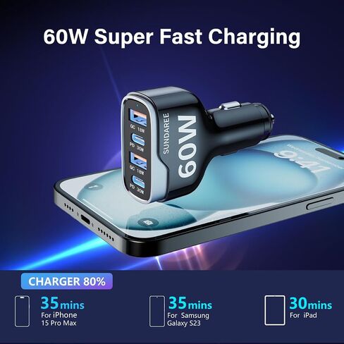 Car Phone Charger, SUNDAREE 60W 4 Ports USB c Car Charger Fast Charging Cigarette Lighter Adapter, Dual QC 3.0 18W & PD 30W Charger Compatible with iPhone 14 13 12 11 Pro, Samsung in Kuwait