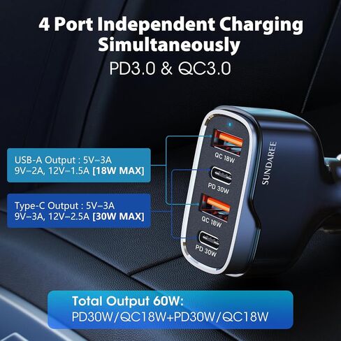 Car Phone Charger, SUNDAREE 60W 4 Ports USB c Car Charger Fast Charging Cigarette Lighter Adapter, Dual QC 3.0 18W & PD 30W Charger Compatible with iPhone 14 13 12 11 Pro, Samsung in Kuwait