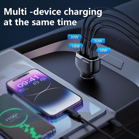 Car Phone Charger, SUNDAREE 60W 4 Ports USB c Car Charger Fast Charging Cigarette Lighter Adapter, Dual QC 3.0 18W & PD 30W Charger Compatible with iPhone 14 13 12 11 Pro, Samsung in Kuwait