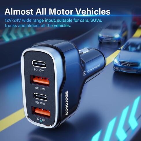 Car Phone Charger, SUNDAREE 60W 4 Ports USB c Car Charger Fast Charging Cigarette Lighter Adapter, Dual QC 3.0 18W & PD 30W Charger Compatible with iPhone 14 13 12 11 Pro, Samsung in Kuwait