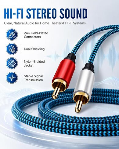 RCA Cable 5ft/1.5M 2RCA Male to 2RCA Male Stereo Audio Cable Nylon-Braided Auxiliary Audio Cord for Home Theater HDTV Amplifiers Hi-Fi Systems Speakers and etc in Kuwait