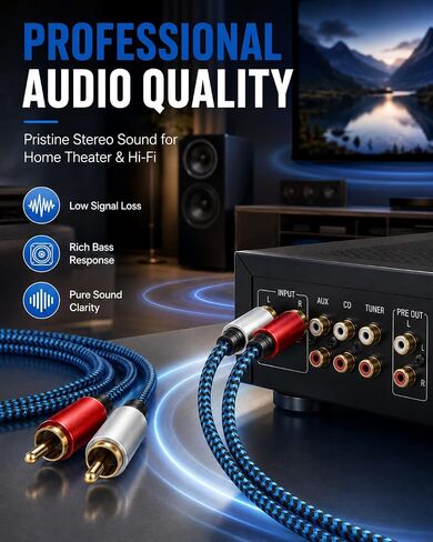 RCA Cable 5ft/1.5M 2RCA Male to 2RCA Male Stereo Audio Cable Nylon-Braided Auxiliary Audio Cord for Home Theater HDTV Amplifiers Hi-Fi Systems Speakers and etc in Kuwait