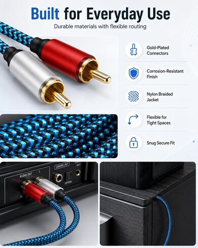 RCA Cable 5ft/1.5M 2RCA Male to 2RCA Male Stereo Audio Cable Nylon-Braided Auxiliary Audio Cord for Home Theater HDTV Amplifiers Hi-Fi Systems Speakers and etc in Kuwait