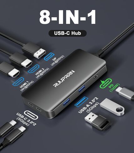 Laptop Docking Station 3 Monitors, 8 in 1 USB C Dock Dongle with 2 HDMI, DP in Kuwait