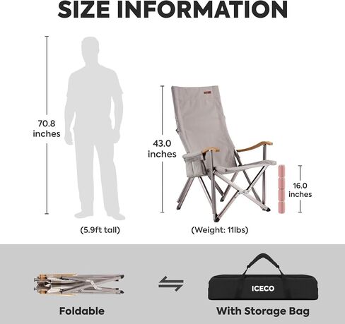 ICECO High Back Camping Chairs for Adults, Heavy Duty Folding Chair for Outside, Portable Outdoor Chairs with Storage Bag, Hold Up 600 LBS Backpack Camping Chair, 10 Years Warranty (Non-Adjustable) in Kuwait