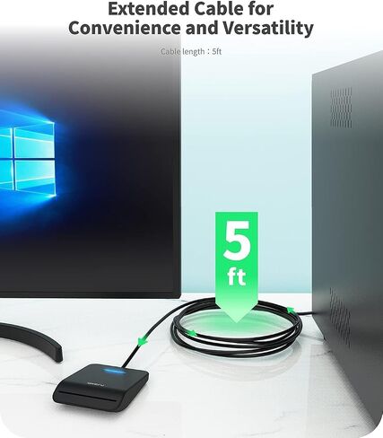 AKERU CAC Card Reader USB C with LED Indicator, DOD Military Common Access, (5 feet Long Cable). Universal Compatibility, Compact PIV Smart Card Reader Type C Compatible with Windows, Mac OS– Black in Kuwait